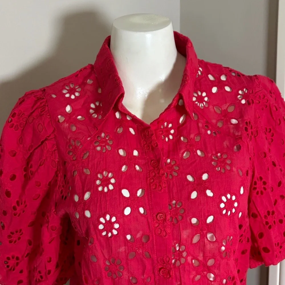 Anna Kay Red Embroidered Eyelet Blouse Button Front Puff Sleeve France Sz L